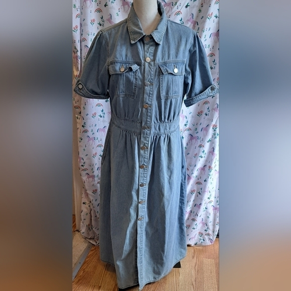 Vintage Dresses & Skirts - EUC Vintage 80s Light Denim Button Up Prep Casual Collar Maxi Dress Skirt SZ L